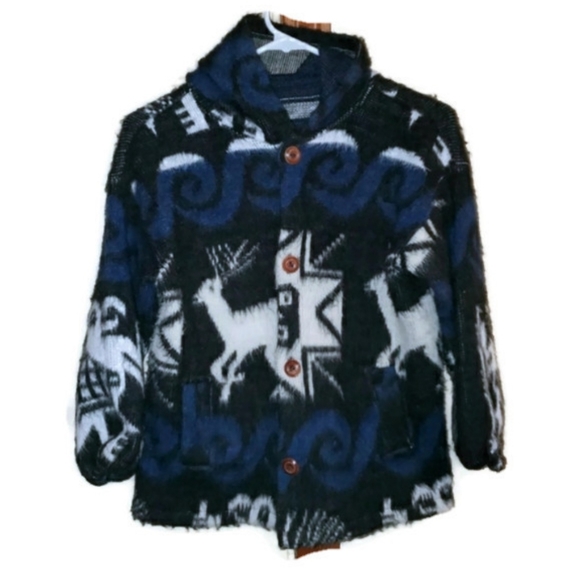 Boys Tribal Wool Coat Blue & Black Made In Ecuador Beautifully Made Size M/L - Picture 2 of 6